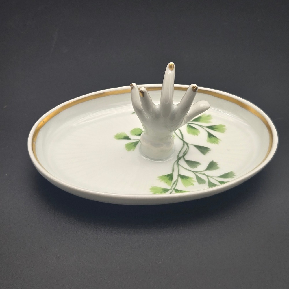 Vintage Porcelain Mini Hand‎ Ring Holder Dish White Gold Trim Made in France 5"
